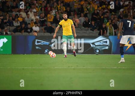 Melbourne, Australien. 28. März 2023. Milos Degenek in Aktion beim Spiel Australian Socceroos vs Ecuador International Friendly im Marvel Stadium. (Endergebnisse: Ecuador 2 - 1 Australien). Kredit: SOPA Images Limited/Alamy Live News Stockfoto