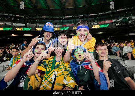 Melbourne, Australien. 28. März 2023. Fans, die beim Spiel Australian Socceroos gegen Ecuador International im Marvel Stadium gesehen wurden. (Endergebnisse: Ecuador 2 - 1 Australien). Kredit: SOPA Images Limited/Alamy Live News Stockfoto