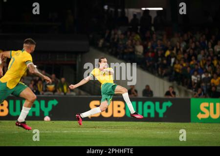 Melbourne, Australien. 28. März 2023. Jackson Irvine of Australia beim Spiel Australian Socceroos gegen Ecuador International im Marvel Stadium. (Endergebnisse: Ecuador 2 - 1 Australien). Kredit: SOPA Images Limited/Alamy Live News Stockfoto