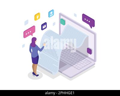 Isometrischer Empfang von Statistikdaten, Benachrichtigung über Finanztransaktionen, mobile Bank, Smartphone mit Papierrechnung. Analyse und Statistik Stock Vektor