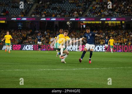 Melbourne, Australien. 28. März 2023. Connor Metcalfe in Aktion beim Spiel Australian Socceroos vs Ecuador International Friendly im Marvel Stadium. (Endergebnisse: Ecuador 2 - 1 Australien). (Foto: George Hitchens/SOPA Images/Sipa USA) Guthaben: SIPA USA/Alamy Live News Stockfoto