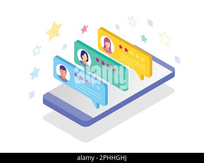 Kundenrezensionen. Bewertung auf Mobiltelefon überprüfen, Darstellung des Feedback-Vektors. Lesen Sie Kundenrezensionen auf Ihrem Smartphone, bevor Sie Produkte kaufen. Stock Vektor