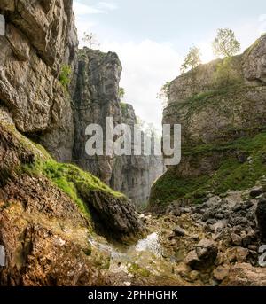 Gordale Scar eine Kalksteinschlucht nordöstlich von Malham, North Yorkshire, England. Spaziergang zwischen den Wasserfällen und moosbedeckten Felsen und Geologie Stockfoto