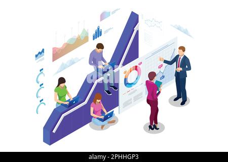 Isometrisches Webbanner Datenanalyse und Statistik Konzept. Vektordarstellung Geschäftsanalyse, Datenvisualisierung. Technologie, Internet und Stock Vektor