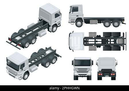 LKW-Zugmaschine oder Auflieger. Ansicht von vorne, hinten, seitlich, oben und isometrisch von vorne und hinten. Vektor der Fahrzeugvorlage für Fracht, isoliert auf weiß Stock Vektor