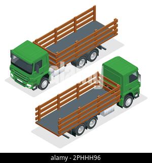 Isometrische Vorlage für Tieflader isoliert auf weiß auf weiß. Modell mit Fahrzeugmarke. Vektormodell für Tieflader. Stock Vektor