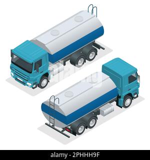 Isometrischer Vektor des Tankwagens. Petroleumtanker, Benzinlaster, weiße Zisterne, Ölanhänger isoliert auf weißem Hintergrund. Stock Vektor