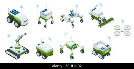 Isometrischer Satz intelligenter iot-Industrieroboter 4,0, Roboter in der Landwirtschaft, Landwirtschaftsroboter, Roboter-Gewächshaus. Landwirtschaftstechnologie-Vektor für intelligente Landwirtschaft Stock Vektor