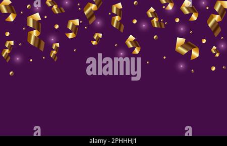 Fallende, glänzende, goldene Konfetti, isoliert auf violettem Hintergrund. Weihnachtliches Lametta in Goldfarbe. Vektor Stock Vektor