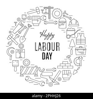 Symbole des Internationalen Arbeitstags in runder Form. Poster zum Arbeitstag im Mai 1. Vektor Stock Vektor
