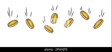 Goldmünzregen. Fallende Goldmünzen, die den wirtschaftlichen Reichtum vergrößern. Vektordarstellung isoliert auf weißem Hintergrund Stock Vektor