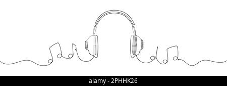Kopfhörer mit Noten durchgehende einzeilige Zeichnung. Vektor auf weiß isoliert. Stock Vektor