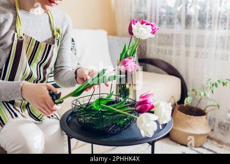 Die Frau arrangiert zu Hause einen Strauß Tulpenblumen. Der Blumenhändler schneidet den Stiel mit dem Gartenschere und gibt Blüten in die Vase. Frühlingseinrichtung und -Einrichtung Stockfoto