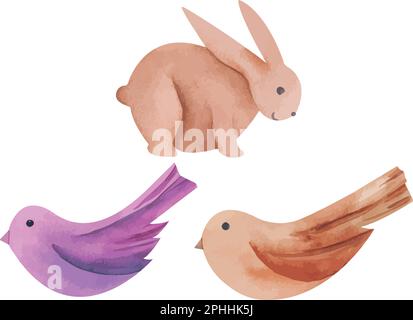 Vektordarstellung von Vögeln und Rebbit in einfacher Handzeichnung. Natürlicher Aufdruck. Osterdekor Stock Vektor
