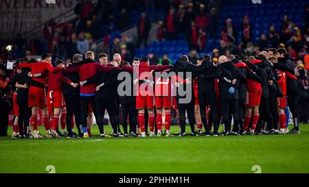 Cardiff, Großbritannien. 28/03/2023. Wales trifft sich in Vollzeit. Wales gegen Lettland am 28. März 2023 in einem UEFA EURO 2024 Qualifier im Cardiff City Stadium. Kredit: Lewis Mitchell/Alamy Live News Stockfoto