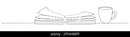 Buchen Sie mit einer Tasse Kaffee eine ununterbrochene Kunstzeichnung mit einer Striche. Stock Vektor