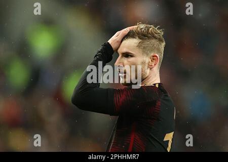 Köln, Deutschland. 28. März 2023. Fußball: Internationale Spiele, Deutschland - Belgien, RheinEnergieStadion. Der deutsche Timo Werner reagiert. Kredit: Rolf Vennenbernd/dpa/Alamy Live News Stockfoto