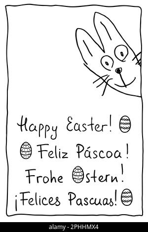 Ostergrüße in verschiedenen Sprachen, handgeschrieben in einfacher Handschrift. Frohe Ostern auf Englisch und andere auf Portugiesisch, Deutsch, Spanisch. Stock Vektor