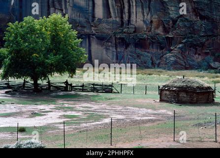 Navajo Hogan (Wohnhaus), Canyon de Chelley, Chinle, Arizona Stockfoto