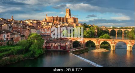 Historische Altstadt von Albi, Panoramablick auf die Kathedrale Sainte-Cécile und die Brücke Pont Vieux über den Fluss Tarn, Frankreich Stockfoto