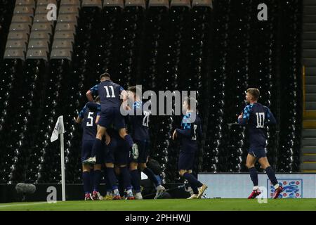 London, Großbritannien. 28. März 2023. London, März 28. 2023: Kroatien-Tor-Feier während des internationalen U21-Freundschaftsspiels zwischen England und Kroatien im Craven Cottage, London, England. (Pedro Soares/SPP) Kredit: SPP Sport Press Photo. Alamy Live News Stockfoto