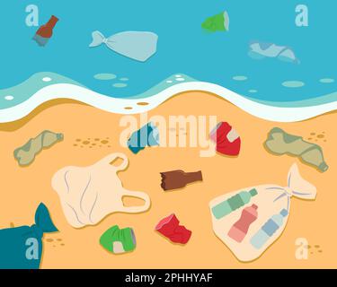 Schmutziges Meer. Plastikmüll, Müll Am Strand. Ökologische Problemstellung Flache Vektordarstellung Stock Vektor