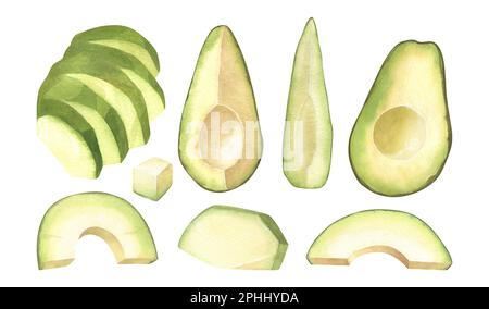 Aquarelle reife Avocadofarben in Scheiben. Handgezeichnete Darstellung isoliert auf weißem Hintergrund. Perfektes Konzept für Speisekarte, Essenszeichnung, Design-Verpackung Stockfoto