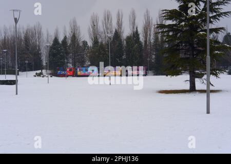 Farbenfroher Zug für Kinder an einem verschneiten Wintertag. Der Zug bewegt sich hinter Bäumen und Büschen, die aus der Ferne gesehen werden. Stockfoto