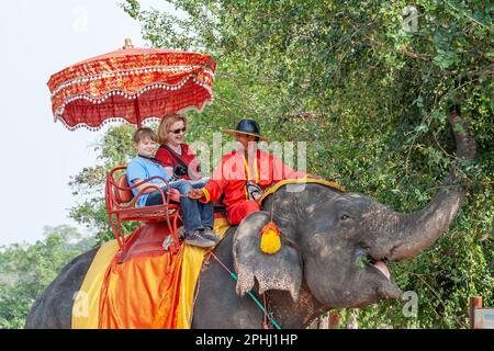 Ayutthaya, Thailand - 24. Dezember 2009: Touristen genießen den Elefantenritt, der von einem Mahout in Ayutthaya geführt wird. Stockfoto