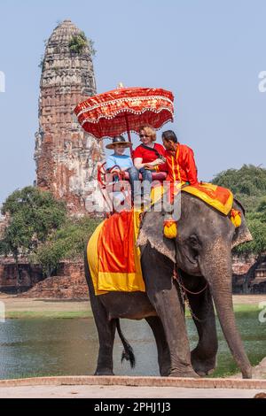 Ayutthaya, Thailand - 24. Dezember 2009: Touristen genießen den Elefantenritt, der von einem Mahout in Ayutthaya geführt wird. Stockfoto