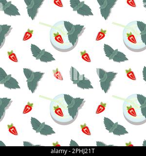 Nahtloses Muster von Mojito-Cocktail mit Minzblättern in Glas mit Stroh und einer halben Erdbeere. EPS. Flach verlegt. Isolieren. Einen schönen internationalen Cocktailtag. Design für Poster oder Grußkarte, Preis. EPS Stock Vektor