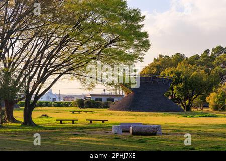 Historische strohgedeckte Dachhütte an Parkbänken im Freiluftmuseum Stockfoto