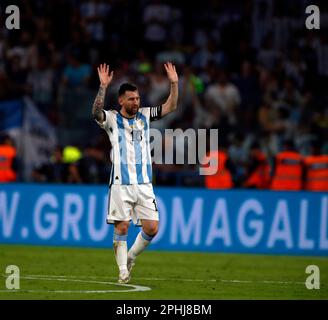 Santiago Del Estero, Argentinien. 28. März 2023. Fußball: Internationale Spiele, Argentinien - Curacao, Estadio Unico Madre de Ciudades. Argentiniens Lionel Messi jubelt, nachdem er ein Tor geschossen hat. Kredit: Gustavo Ortiz/dpa/Alamy Live News Stockfoto