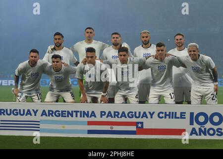 Santiago del Estero, Argentinien, 28. März 2023. Spieler Argentiniens posieren für ein künstliches Foto während des Spiels zwischen Argentinien und Curacao, für die International Friendly 2023, im Unico Madre de Ciudades Stadium, am 28. März in Santiago del Estero. Foto: Luciano Bisbal/DiaEsportivo/Alamy Live News Stockfoto