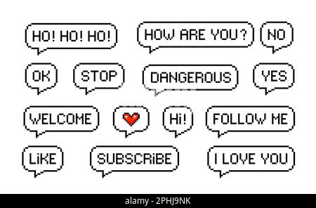 Pixel Speech Bubble-Nachrichten, wie Abonnieren und Folgen, Vektorspiel-Sprechtext. 8-Bit-Pixel-Art-Chat oder Sprechblasen-Nachrichtensymbole, Retro-Pixel-Dialo Stock Vektor