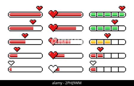 Pixel Heart Loading Bars, 8-Bit-Videospiel-Arcade-Elemente und Lebensstatus, Vektoreigenschaften Symbole. Fortschrittsbalken für das Laden des Pixel Heart Loading mit gelber Hälfte und grüner Seite Stock Vektor