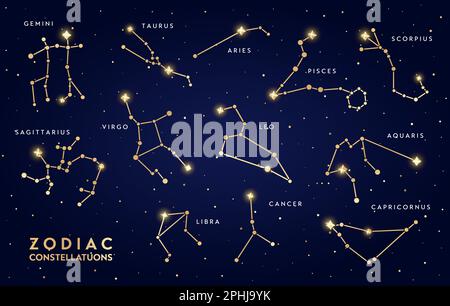 Goldene Zodiakalkonstellationen. Vector Bright Gold Gemini, Taurus, Widder, Fische und Scorpius, Aquarius, Leo, Virgo oder Sagittarius, Libra, Krebs und ca. Stock Vektor