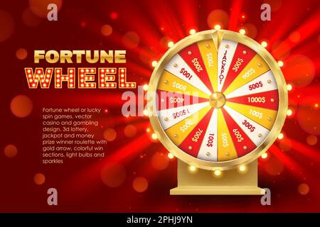 Glücksrad-Drehvektorbanner. Realistisches goldenes 3D-Roulette mit preisgekrönten Sektoren und Licht. Online-Casino-Glücksspiel. Jackpot, großer Sieg, Las Stock Vektor
