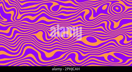 Retro-groovy Hintergrund. Alte, trügerische, psychedelische Tapete. Lila-orangefarbene Flüssig-Hippie-Textur. Säurelackiertes Wellenmuster für Poster im 60s- oder 70s-Stil. Vektor Stock Vektor