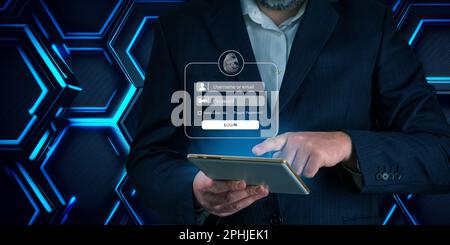 Melden Sie sich mit einem digitalen Gerät an. Man Hand mit Online-Banking E-Commerce Online-Sicherheitsbezahlungskonzept Stockfoto