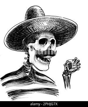 Mexikanisches Skelett in Sombrero mit Schnurrbart, der ein Glas Tequila trinkt, mit Tinte Schwarz-Weiß-Zeichnung Stockfoto