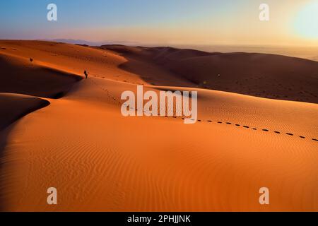 Wandern in Wüstensanddünen, Wahiba Sands, Ash Sharqiyah, Oman Stockfoto