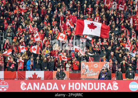 Toronto, Ontario, Kanada. 28. März 2023. Kanadische Fans feiern, nachdem Kanada Honduras 4-1 beim Qualifikationsspiel der CONCACACAF Nations League zwischen Kanada und Honduras im BMO Field in Toronto besiegt hat. (Kreditbild: © Angel Marchini/ZUMA Press Wire) NUR REDAKTIONELLE VERWENDUNG! Nicht für den kommerziellen GEBRAUCH! Stockfoto