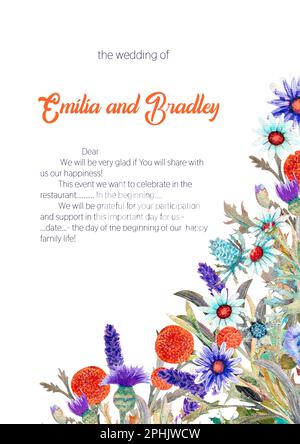 Hochzeit vertikalen Rahmen von wilden Blumen. Aquarell. Blumenarrangement. Vorlage für Grußkarten. Hintergrund der Einladung. Vertikale Ausrichtung Stockfoto