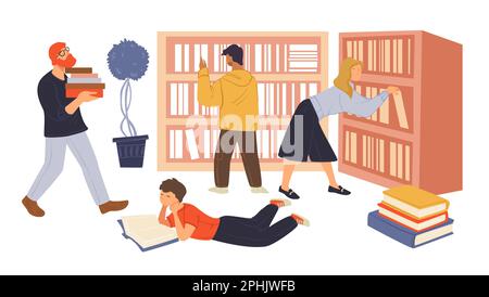 Menschen in der öffentlichen Bibliothek lesen Bücher für die Schule Stock Vektor