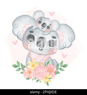 Süße Unschuld Australien Koala Mutter und Baby in süßem Blumenkranz, Happy Mother's Day skurrile Kindergarten Aquarell Tierskarikatur Handmalerei Stock Vektor