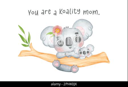 Bezaubernde Unschuld Australien Koala Mutter und Baby hängen an einem Ast, Happy Mother's Day skurrile Kindergartenkinder Aquarell Tier Cartoon Hand Painti Stock Vektor