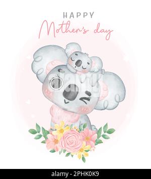 Liebenswerte Unschuld Australien Baby Koala schläft auf dem Mutterkopf mit Blumenkranz, Happy Mother's day skurrile Kindergarten Aquarell Tier Cartoon ha Stock Vektor