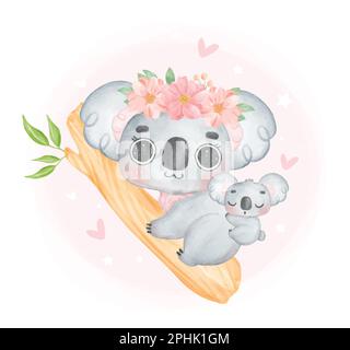 Bezauberndes Australien Koala Mutter und Baby kuscheln an Baumzweig, Happy Mother's Day skurrile Kinderzimmer Aquarell Tierkarikatur Handmalerei Stock Vektor