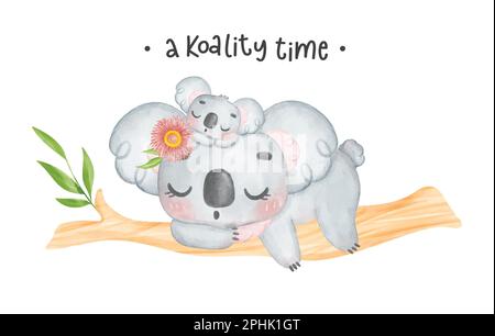 Bezaubernde Unschuld Australien Koala Mutter und Baby schlafen auf dem Ast, Happy Mother's day skurrile Kindergarten Aquarell Tierskulptur Handfarbe Stock Vektor